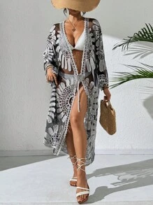 Swim Vcay Women's Floral Print Sheer Kimono Cover Up, Loose Fit, Vacation Style For Summer - Black and White - View 5