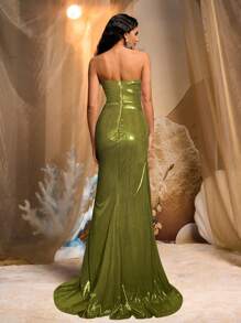 Vowa Jupe sirène élégante et luxueuse en tissu froncé avec élastique et incrustations de strass, convenant pour les mariages, les fêtes, les banquets et les événements formels (très orné) - Vert - Voir 3