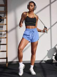 Powerista Shorts casuales de deporte para mujer con estampado de letras y cordón en la cintura, shorts de entrenamiento - Púrpura malva - Ver 3