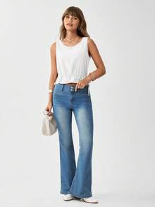 SHEIN LUNE Drawstring Waist Ruffle Hem Top - White - View 2