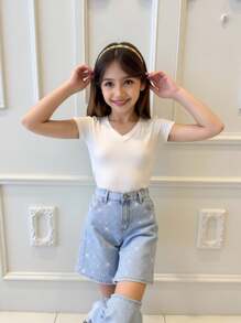 SHEIN Girlism Shorts di jeans larghi e sciolti con design di diamanti scintillanti, basic mixed and matched, casual, vintage, confortevoli e traspiranti, adatti per abbigliamento quotidiano, abiti da spiaggia e da festival per ragazze pre-adolescenti, estate e primavera