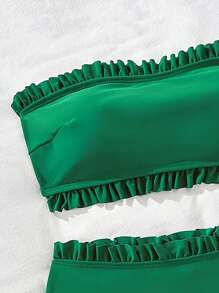 SHEIN 2-Piece Sexy Solid Color Flounce Trim Bandeau Bikini Set For Summer Vacation - Dark Green - View 4
