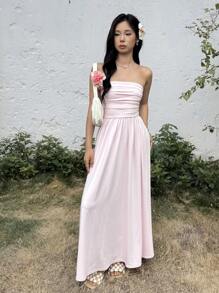 SHEIN 少女休闲简约舒适露背连衣裙 - 粉色 - 查看 6