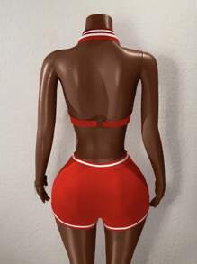 BamGleam 女士性感露背吊带连体裤 - 紅色 - 查看 2