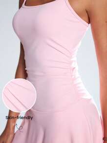 Eassivo Eassivo 女士时尚优雅细肩带腰部褶皱修身短款 A 字连衣裙，搭配紧身裤 - 淺粉色 - 查看 7