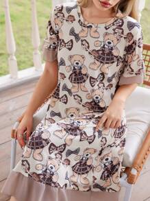 SHEIN Cartoon Bear Print Flounce Hem Women Casual Nightgown For Women Summer, Moo Moo - Multicolor - View 3