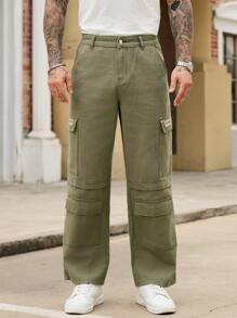Manfinity Roughcore Men's Letter Patch Cargo Pockets Casual Wide Leg Denim Jeans - Army Green - View 5