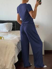 DAZY Solid Color Wave Trim Decor Fitted Top And Pants Home Outfit Set Pajama - Navy Blue - View 2