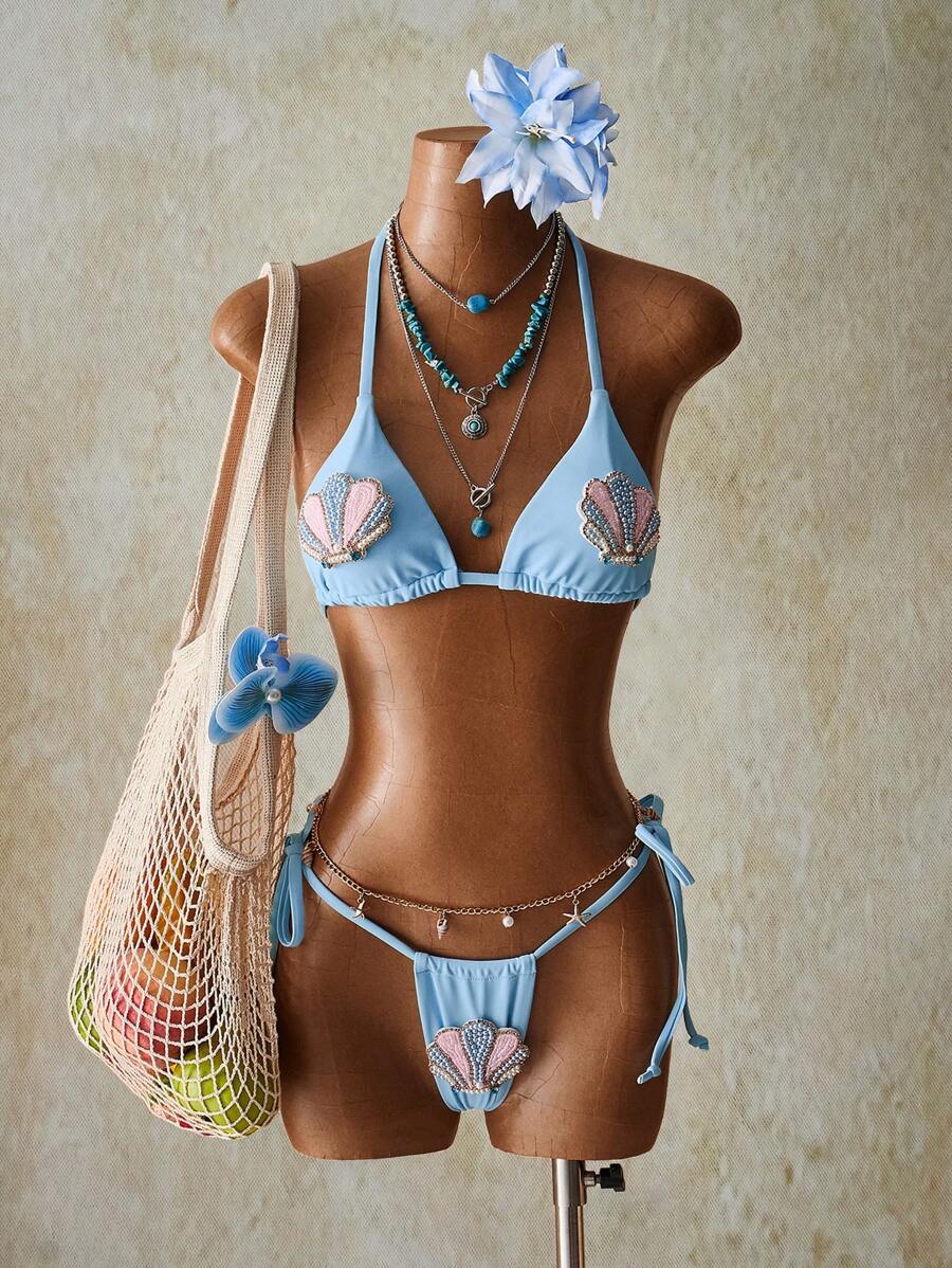 SHEIN ICON Ensemble de maillot de bain bikini deux pièces sexy avec décoration de coquillage et lien licou pour femmes, tenue pour le 4 juillet - Bleu azur - Voir 1