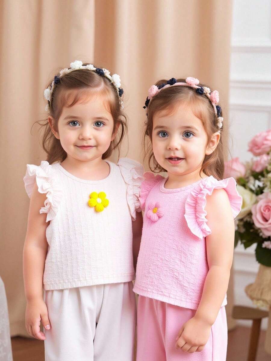 2pcs/Set Baby Girl Solid Color 3D Flower Ruffled Hem Camisole, Suitable For Outdoor, Casual, Sports And More Scenes - Multicolor - View 1