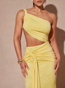 Silquee Women's Cream Yellow Sexy Hollow Asymmetric Neckline, Ribbon Dress, Vacation, Women's Vacation Wear, Beach Vacation Wear, Women's Vacation Wear - Yellow - View 5