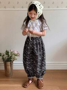 DAZY Bộ 2 món/Bộ áo ren cổ tròn không tay và quần short thường ngày in hoa rộng rãi phong cách Mori cho bé gái, trang phục mùa hè cho bé gái - trắng - Xem 3