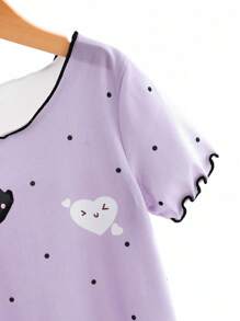 Set de 2 piezas de pijamas con Camisón largo de manga corta y cuello redondo, con diseño cómodo de lunares y corazones, para niñas jóvenes