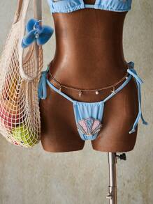 SHEIN ICON Ensemble de maillot de bain bikini deux pièces sexy avec décoration de coquillage et lien licou pour femmes, tenue pour le 4 juillet - Bleu azur - Voir 4