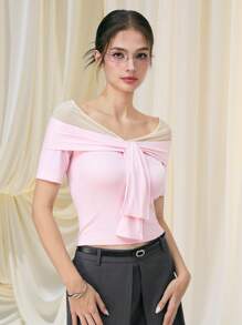 SHEIN MOD 粉色系带长袖修身 T 恤上衣 - 粉色 - 查看 3