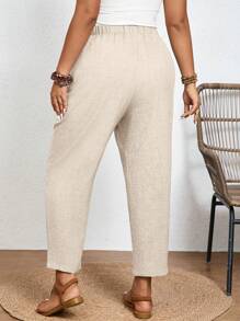 SHEIN PETITE CURVE Plus Size Solid Color Casual Trousers With Elastic Waist And Diagonal Pockets Women Pants Elastic Waist Pants, Suitable For People Of Shorter Stature,Business Casual Woman, Wearable In All Seasons
