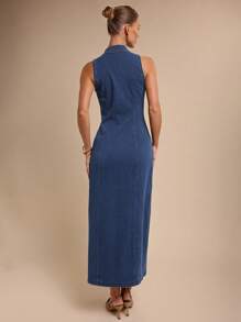 COSMINA 女式优雅日常通勤水钻纽扣弹力牛仔迷你连衣裙，春夏 - 藏蓝色 - 查看 2