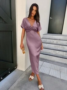 SHEIN LUNE Women's Elegant Solid Color Dress, Summer - Purple - View 3