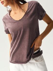 Bohemela Solid Color Knit Short Sleeve Round Neck Washed Women T-Shirt - Coffee Brown - View 2