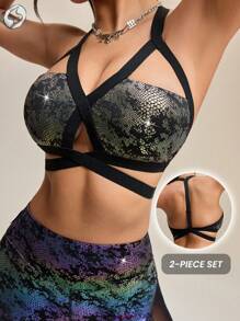 Innovista 光泽塑形超性感运动套装，健身两件套/两件装，配套运动套装，文胸和紧身裤，无蹲姿，高弹吸汗，如黄油般柔软的上衣和高腰运动裤，仿皮效果搭配动物纹印花，打造派对造型 - 彩色 - 查看 7