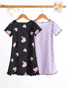 Set de 2 piezas de pijamas con Camisón largo de manga corta y cuello redondo, con diseño cómodo de lunares y corazones, para niñas jóvenes
