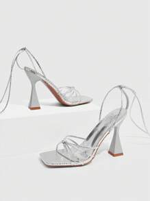 CUCCOO SZL Women Metallic Strap Buckle Square Toe Thick Heel Sexy Chic High Heel Sandals - Silver - View 8