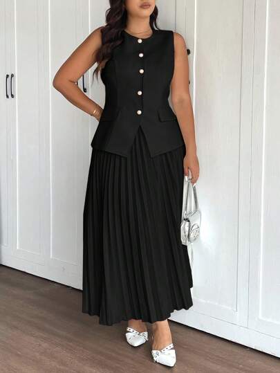 SHEIN Frenchy 大码夏季优雅纯色背心和百褶裙两件套