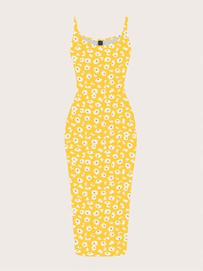 SHEIN EZwear Avslappnad minimalistisk prästkragetryck helmönster bodycon linne maxiklänning, lämplig för sommaren