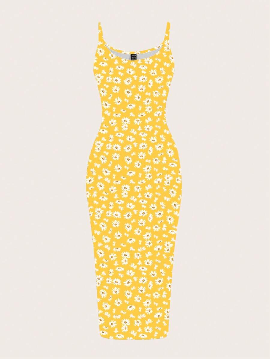 SHEIN EZwear 休闲简约雏菊印花全图案紧身背心长裙，适合夏季 - 彩色 - 查看 1