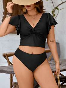 Swim Basics Plus Size Women Summer Beach Solid Color Twist Ruffle Short Sleeve Tankini Swimwear Set - Black - View 6
