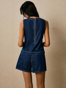 Poéselle 女式夏季圆领无袖上衣和牛仔短裤套装 - 中等水洗藍 - 查看 6