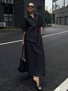 DAZY Bộ đồ denim mùa hè thường ngày 2 món, áo sơ mi tay ngắn dây rút rộng rãi màu trơn phong cách phương Tây dành cho nữ kèm chân váy chữ A cạp chun co giãn - Màu xanh lam - Xem 5