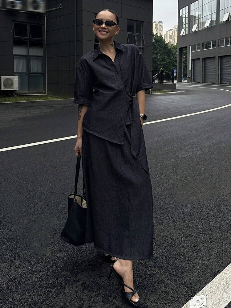 Women's Western Style Solid Color Loose Drawstring Short Sleeve Shirt Top And Elasticated Waist A-Line Skirt 2 Pieces Casual Summer Denim Suit
