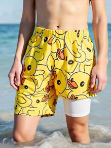 SHEIN Kids/Tween Boys Casual Multi-Way Comfortable Yellow Duckling Print Loose Patchwork Lining Swim Trunks Beachwear, Swimsuit, Swimsuits, Teen Swimsuits, Tween Bathing Suits Boys Duck Shorts Boys Yellow Shorts Duck Bathing Suit Boys Bathing Suit Shorts Yellow Duck Shorts