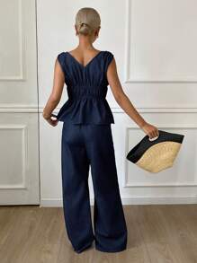 Livesso Conjunto informal de 2 piezas para mujer con blusa sin mangas con cuello en V y volantes, y pantalones vaqueros de pierna ancha de verano - Azul - Ver 2