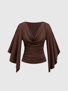 ROMWE Hippie 复古宽松T恤，带木珠装饰，垂坠领，腰部收褶，蝙蝠袖 - 咖啡棕 - 查看 2