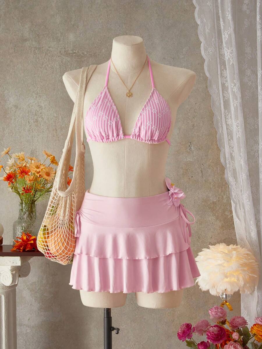 SHEIN Swim 女士夏季海滩花卉提花露背系带性感比基尼上衣 - 粉色 - 查看 1