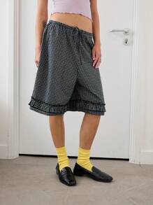 COUREZ 格纹荷叶边百慕大短裤/女士夏季穿搭/夏季休闲外出装/Y2K度假风100%纯棉 - 寶藍色 - 查看 5