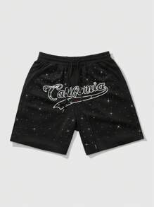 ROMWE MEN Street Life Men's Black Casual Shorts With Street Chic American Style Sparkling Letter Printed - Black - View 4