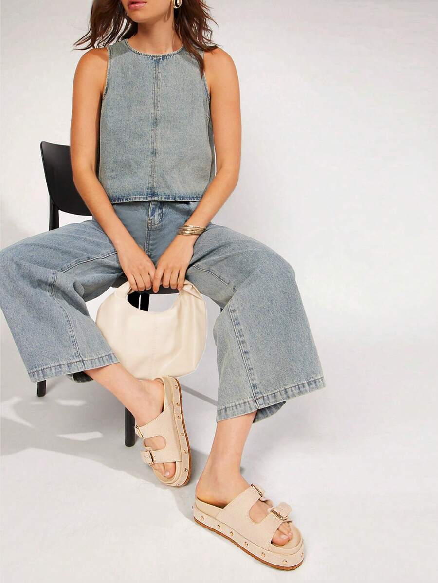 Solezae 仿麂皮雙扣帶鎖定灰褐色平底涼鞋 - 灰色 - 查看 1