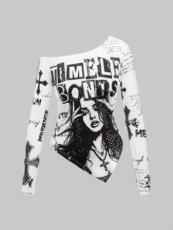 Grunge Punk Camiseta de manga larga holgada con estampado de silueta retrato casual de calle y bajo asimétrico para mujer