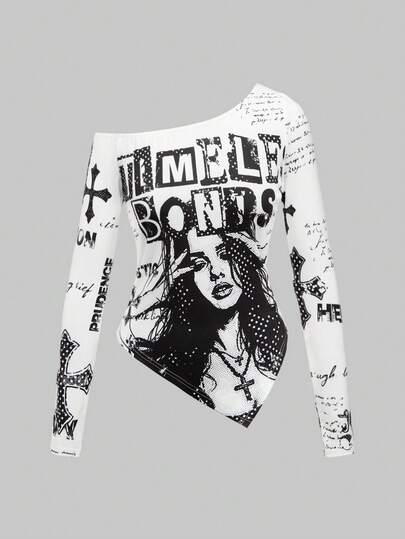 Grunge Punk Camiseta de manga larga holgada con estampado de silueta retrato casual de calle y bajo asimétrico para mujer