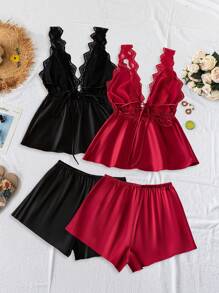 SilkySpell 4件套女士性感深V蕾丝吊带背心、短裤、优雅缎面睡衣套装 - 彩色 - 查看 2