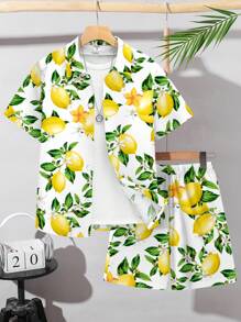 SHEIN Ensemble de 2 pièces pour pré-adolescents : Chemise cardigan à col imprimé citron et shorts décontractés, adapté pour l'été