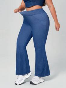 SHEIN Essnce 大码女式松紧腰牛仔喇叭裤，轻盈运动风格 - 中等水洗藍 - 查看 3