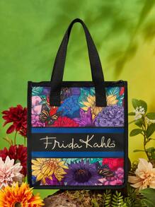 Frida Kahlo X SHEIN Bolsa térmica para el almuerzo con diseño floral de artista, mantiene la comida caliente o fría, bolsa de picnic, gran capacidad, puede contener cajas de almuerzo y bebidas, adecuada para picnics, camping, viajes, uso doméstico, adecuada para familias, niños y estudiantes, flores, artístico, elegante