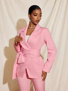 EBIB 优雅淡粉色腰带垫肩西装外套女式休闲办公套装