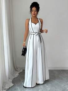 Elenzga Women's New Spring/Summer French Striped Retro Sleeveless V-Neck High-End Fashion White & Black Contrast Color Digital Print Zip-Up Waist Belt Wide Leg Jumpsuit, Elegant For Work Or Casual - Black and White - View 1