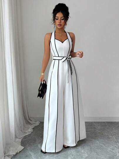 Elenzga Women's New Spring/Summer French Striped Retro Sleeveless V-Neck High-End Fashion White & Black Contrast Color Digital Print Zip-Up Waist Belt Wide Leg Jumpsuit, Elegant For Work Or Casual