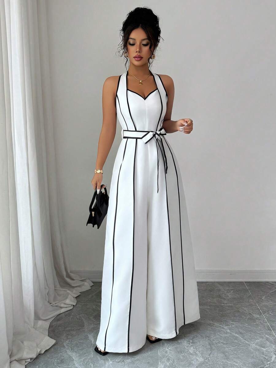 Elenzga Women's New Spring/Summer French Striped Retro Sleeveless V-Neck High-End Fashion White & Black Contrast Color Digital Print Zip-Up Waist Belt Wide Leg Jumpsuit, Elegant For Work Or Casual - Black and White - View 1